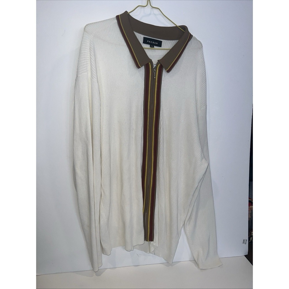 PacSun Mens Polo Full Zip Sweater Small White Brown Retro Academia Preppy